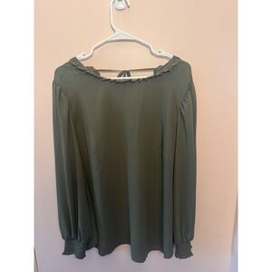 Loft Plus Olive Green Ruffle Neck Tie Back Long Sleeve‎ Blouse Top 14